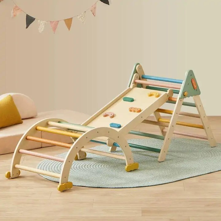 Tiny Land INC 7-in-1 Morandi Pikler Triangle climbing set in pastel wood with rainbow rungs on Tampa Home & Garden Store