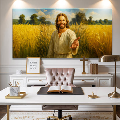 Savior's Invitation Faith Wall Art II canvas by Tailored Canvases, warm wheat field scene on Tampa Home & Garden Store