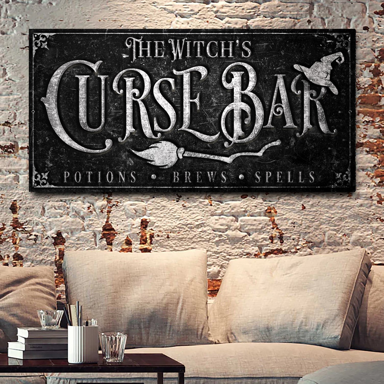 Tailored Canvases The Witch's Curse Bar canvas sign, black vintage lettering on wall on Tampa Home & Garden Store