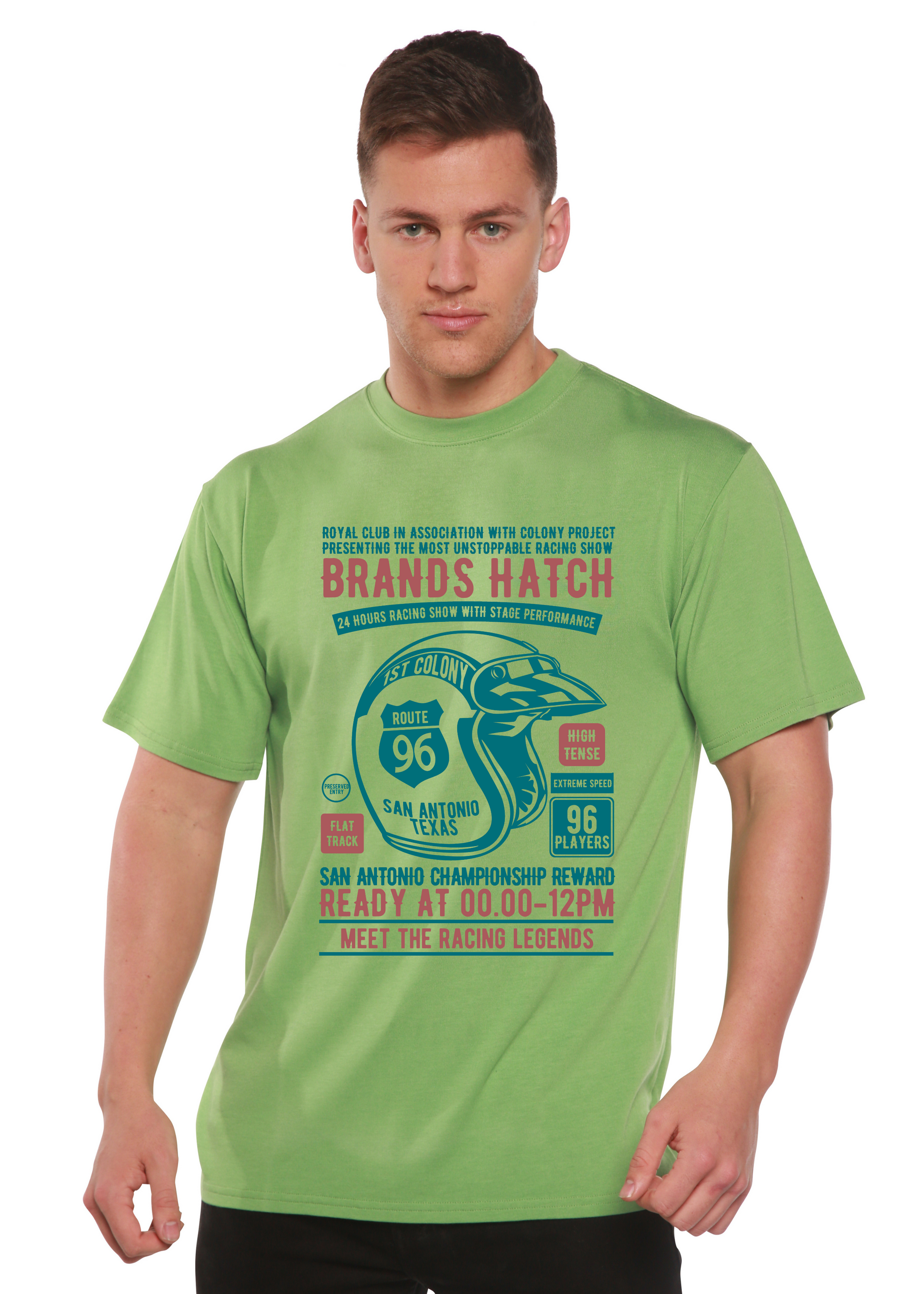 Brands Hatch lime green bamboo viscose/organic cotton tee with racing print by Spun Bamboo on Tampa Home & Garden Store