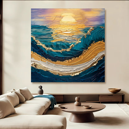 Golden Hour Wall Art canvas by Tailored Canvases; textured teal waves and gold sunset on Tampa Home & Garden Store