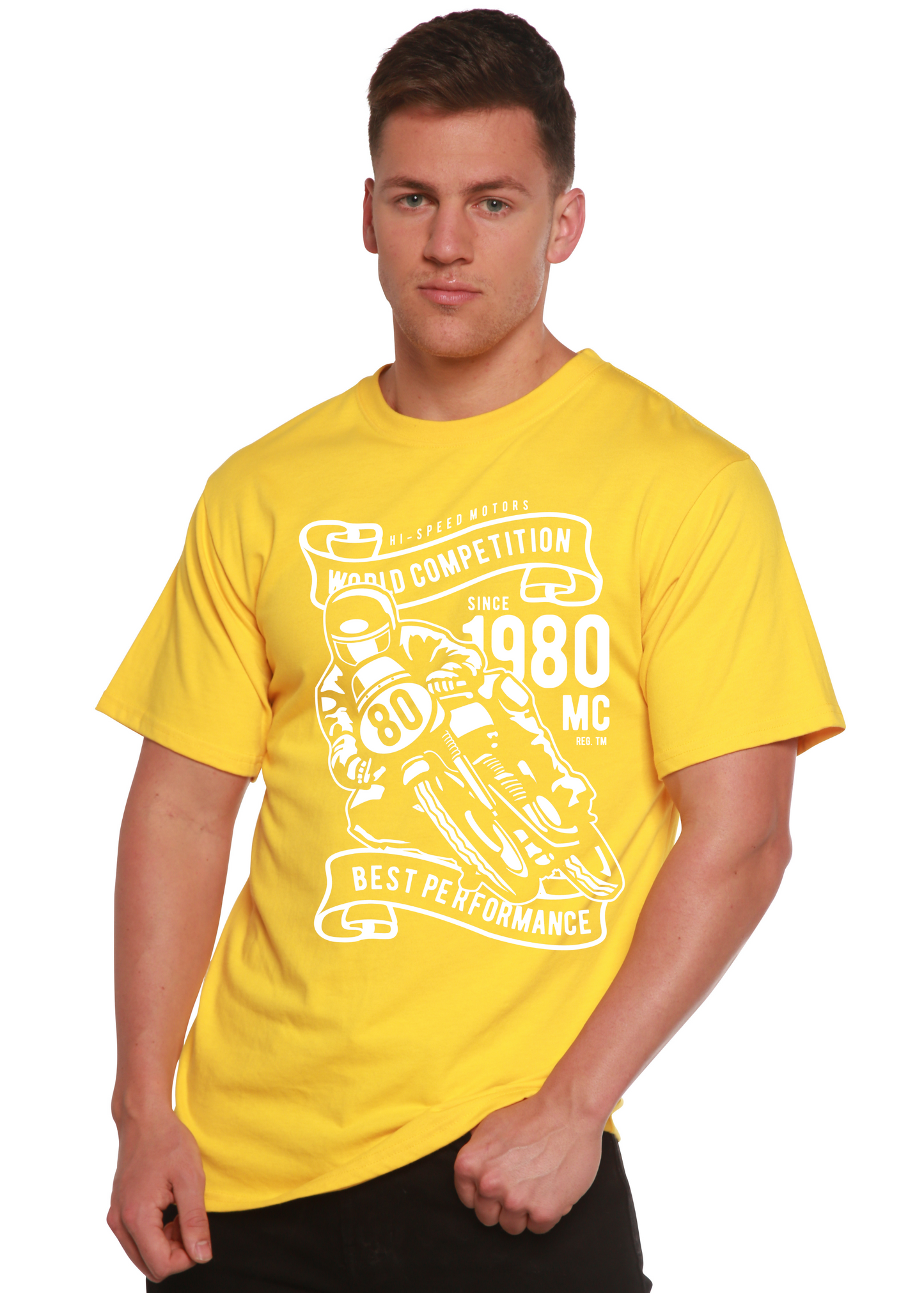 World Competition men's graphic T-shirt yellow short sleeve bamboo viscose/organic cotton blend on Tampa Home & Garden Store