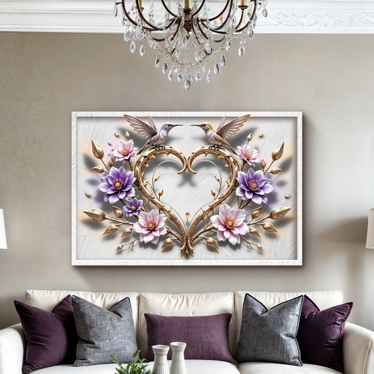 3D hummingbirds wall art canvas by Tailored Canvases with gold heart vines on Tampa Home & Garden Store