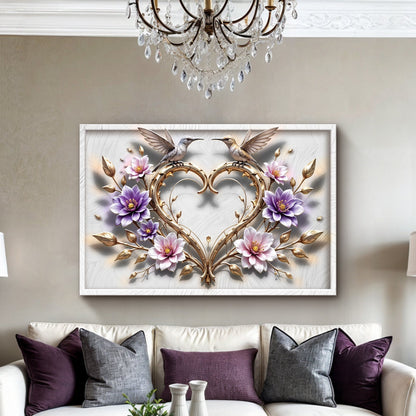 3D hummingbirds wall art canvas by Tailored Canvases with gold heart vines on Tampa Home & Garden Store