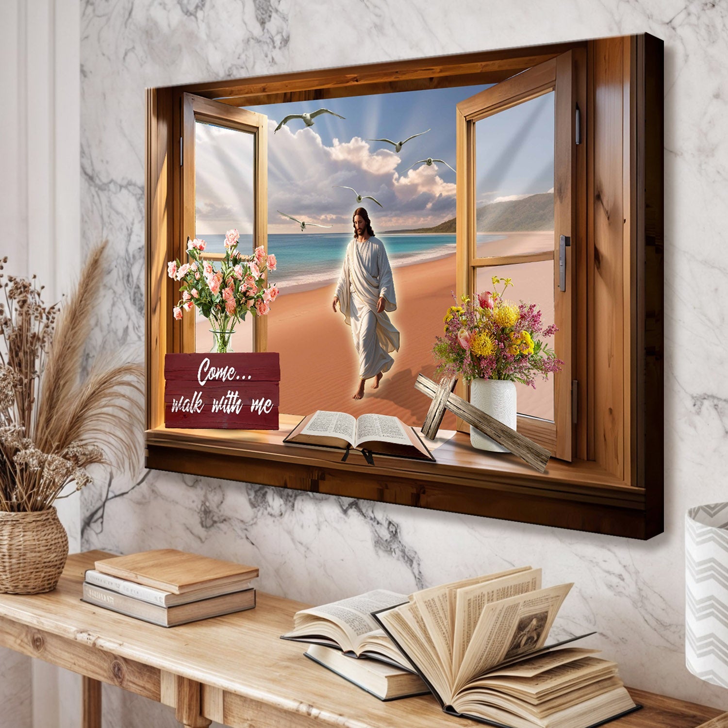 I Will Walk By Faith faith sign canvas by Tailored Canvases, wood-framed crafting canvas with desert beach scene on Tampa Home & Garden Store