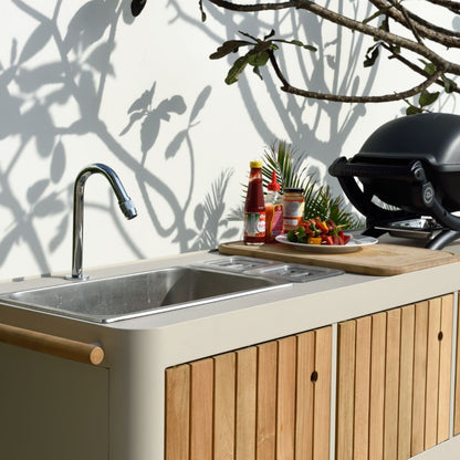 Portals Light Outdoor Kitchen with stainless sink chrome faucet and wooden slat base on counter on Tampa Home & Garden Store