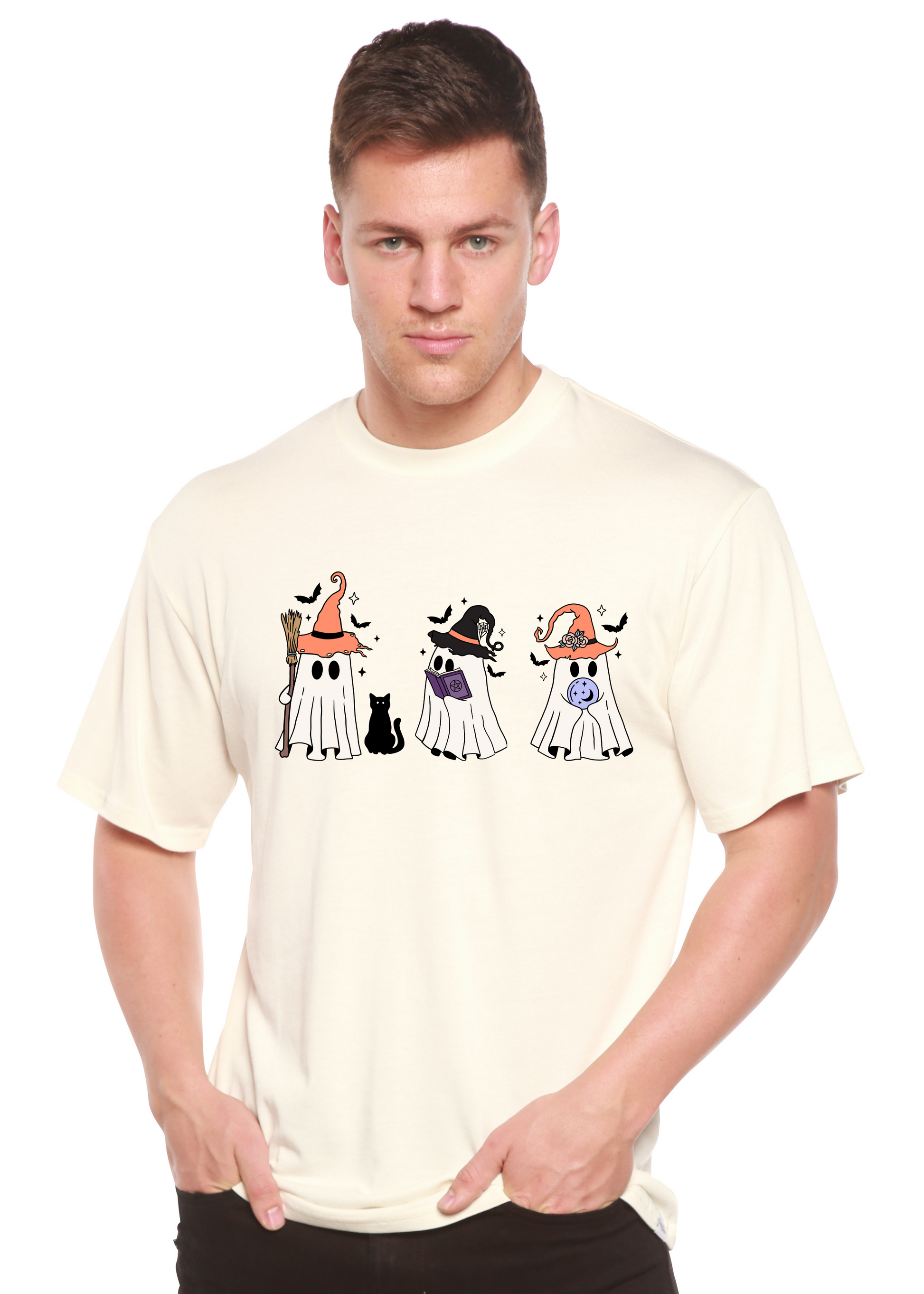 Men's Halloween Boo graphic tee with three ghosts in hats on cream bamboo viscose by Spun Bamboo on Tampa Home & Garden Store