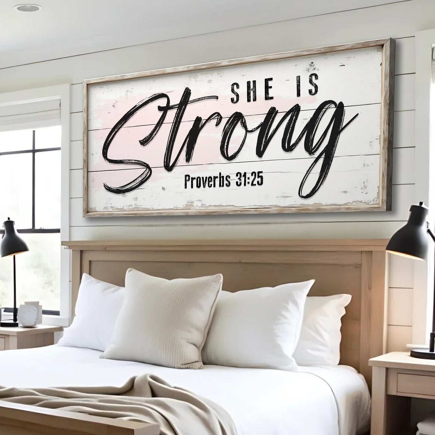 Canvas sign She Is Strong Proverbs 31:25 by Tailored Canvases, rustic framed crafting canvas on Tampa Home & Garden Store