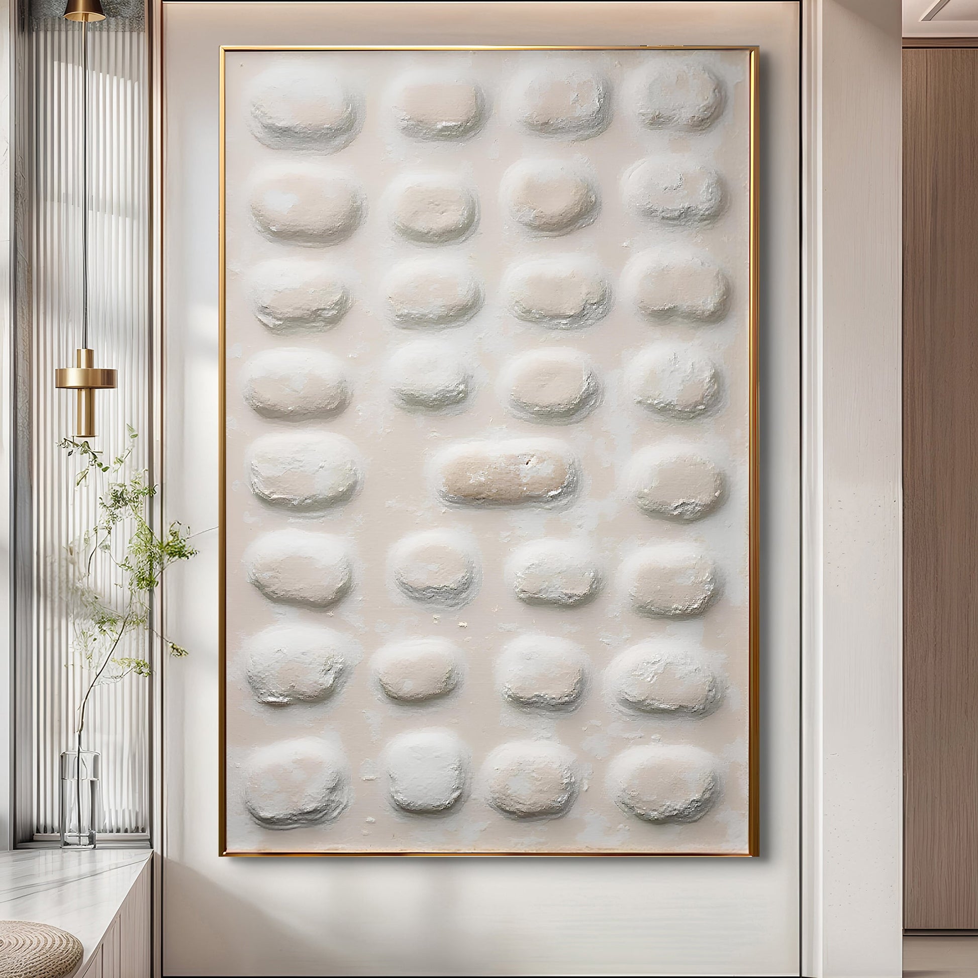 Abstract Minimalist Wall Art II canvas by Tailored Canvases with raised beige circles in a gold frame on Tampa Home & Garden Store