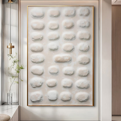Abstract Minimalist Wall Art II canvas by Tailored Canvases with raised beige circles in a gold frame on Tampa Home & Garden Store