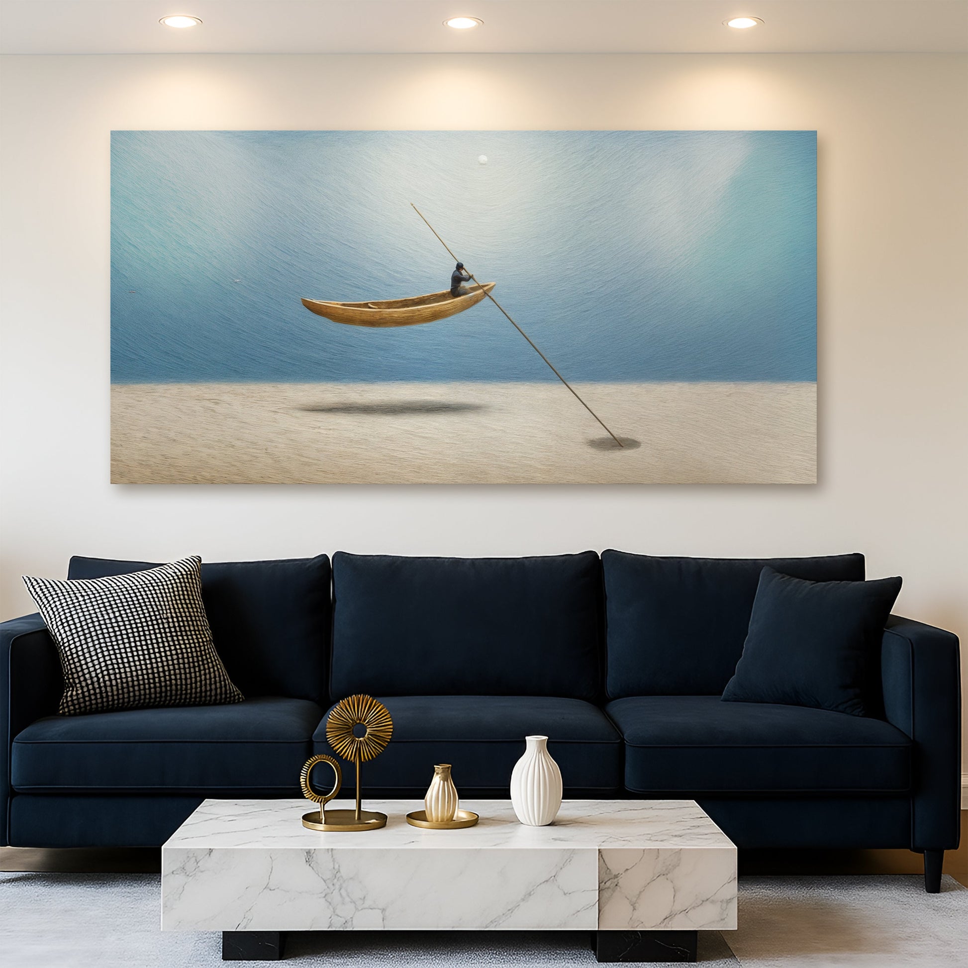 Sand Drifter Wall Art canvas seascape with a lone figure in a wooden boat on blue water on Tampa Home & Garden Store