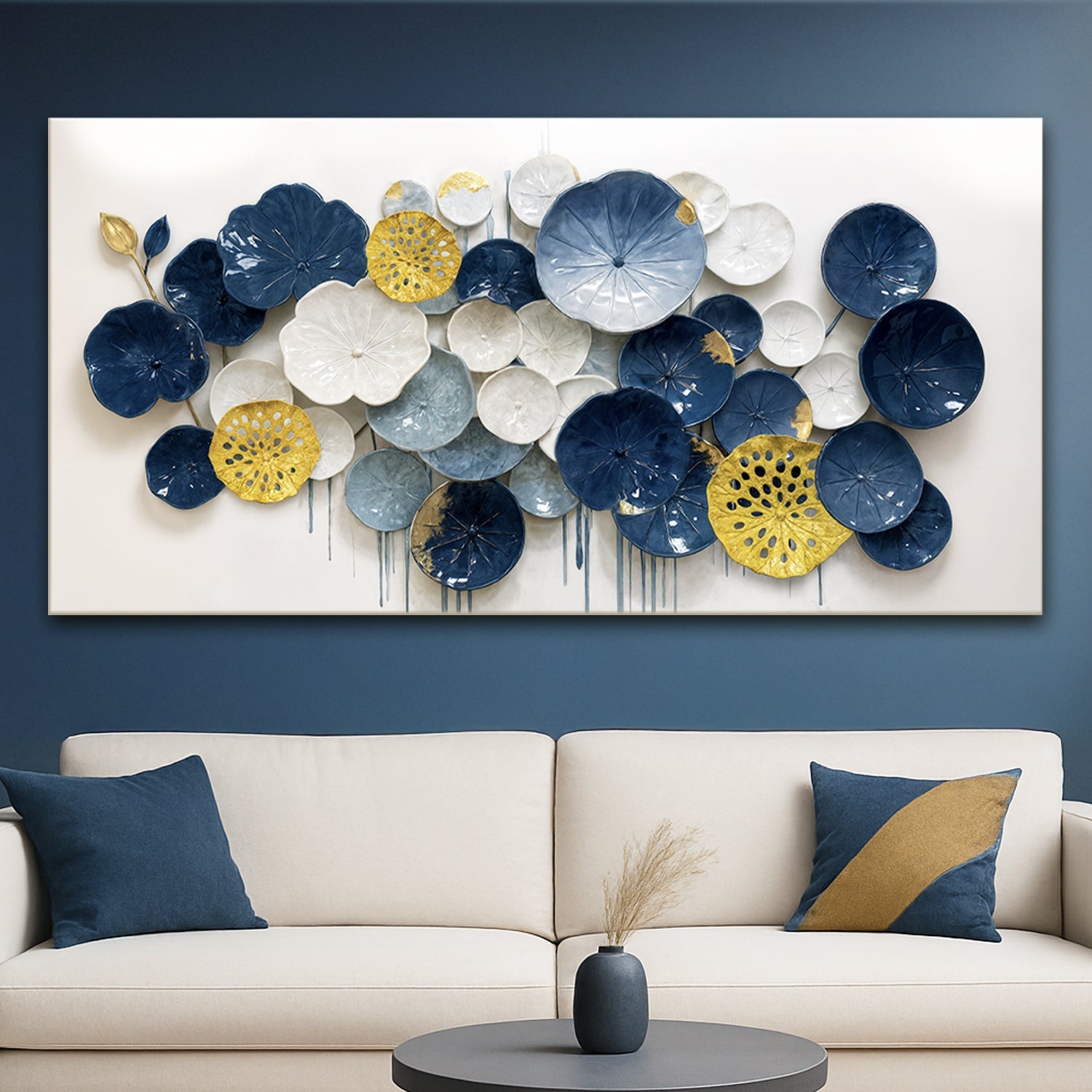 Lotus Leaf Abstract Wall Art VII canvas by Tailored Canvases in blue white gold circular petals on Tampa Home & Garden Store