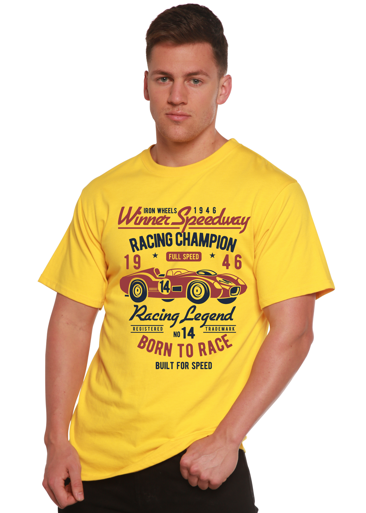 Mens graphic T-shirt bright yellow with Winner Speedway racing car print by Spun Bamboo on Tampa Home & Garden Store