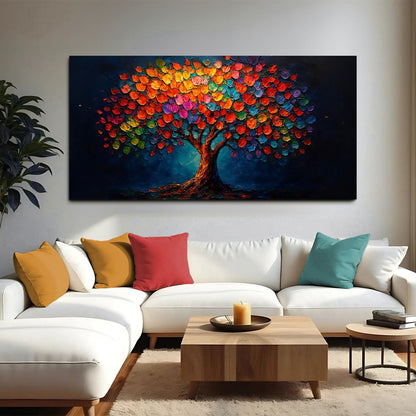 Rainbow Bloom Wall Art canvas by Tailored Canvases; vibrant multicolor tree on dark backdrop on Tampa Home & Garden Store