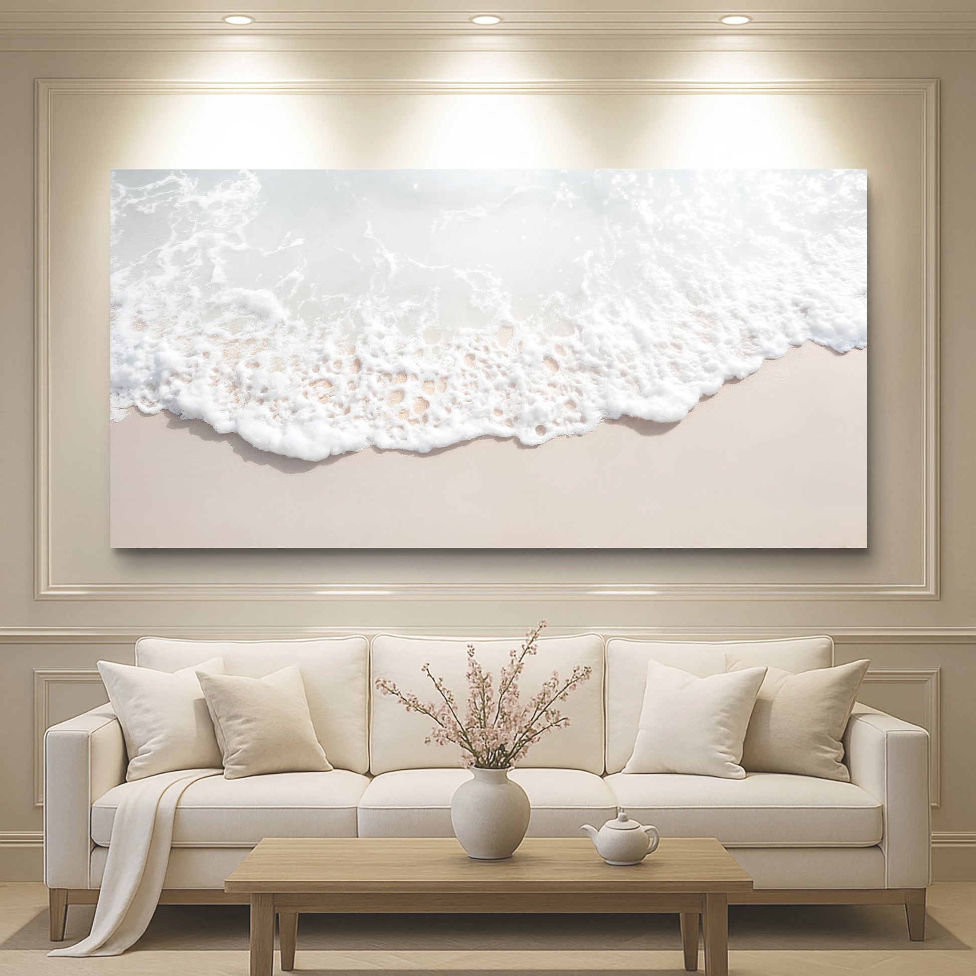 Sandy Waves Wall Art canvas by Tailored Canvases; beach foam ocean scene on beige wall on Tampa Home & Garden Store