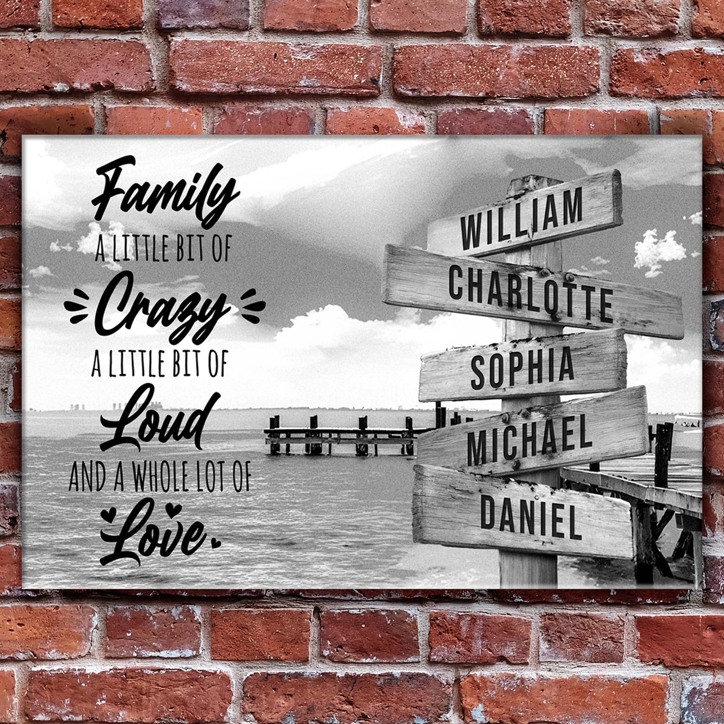 Canvas sign with A Lot of Love family names in script and wood name boards on Tampa Home & Garden Store