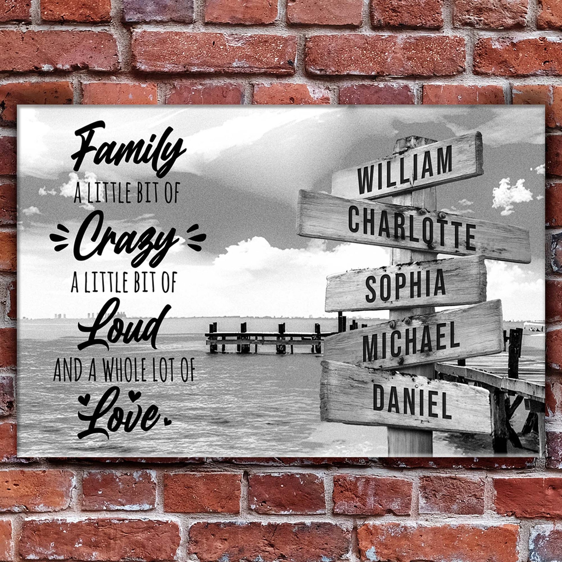 Canvas sign with A Lot of Love family names in script and wood name boards on Tampa Home & Garden Store
