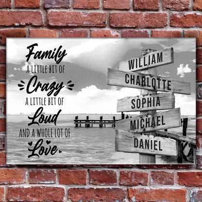 Canvas sign with A Lot of Love family names in script and wood name boards on Tampa Home & Garden Store