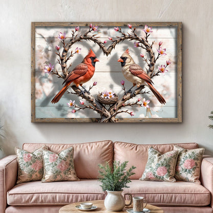 3D Cardinals Wall Art V canvas by Tailored Canvases, wood frame with two cardinals on vine on Tampa Home & Garden Store