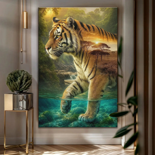 Tiger's Allegory canvas wall art by Tailored Canvases, tiger in sunset jungle scene on Tampa Home & Garden Store