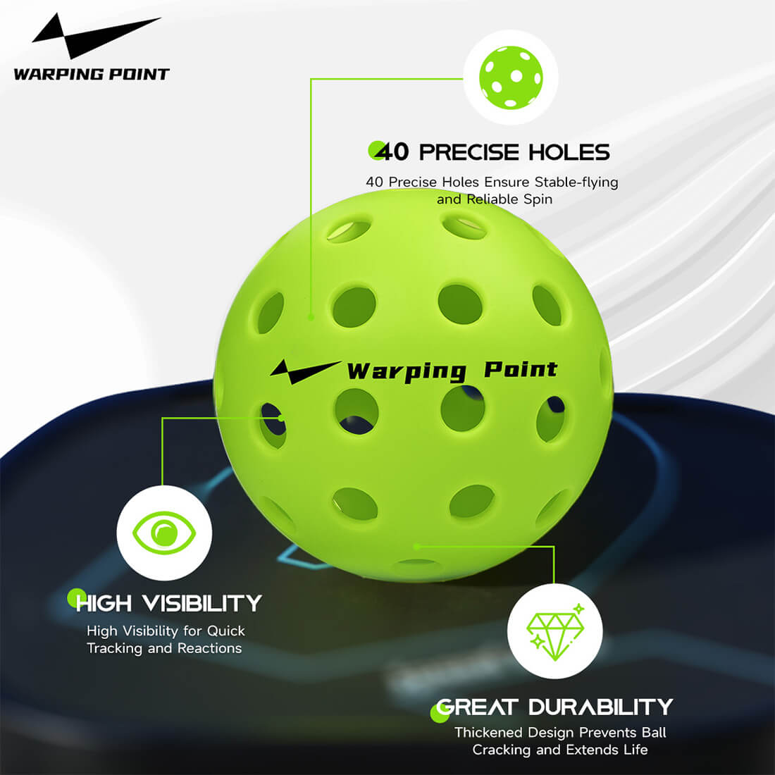 Warping Point Outdoor Practice Pickleball neon green ball with 40 holes and high visibility on Tampa Home & Garden Store