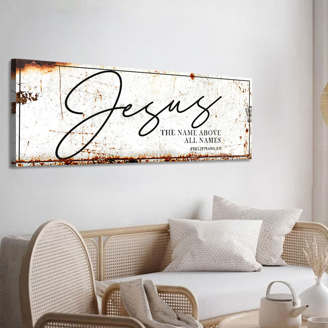 Jesus The Name Above All Names canvas by Tailored Canvases, rustic white crafting canvas on Tampa Home & Garden Store
