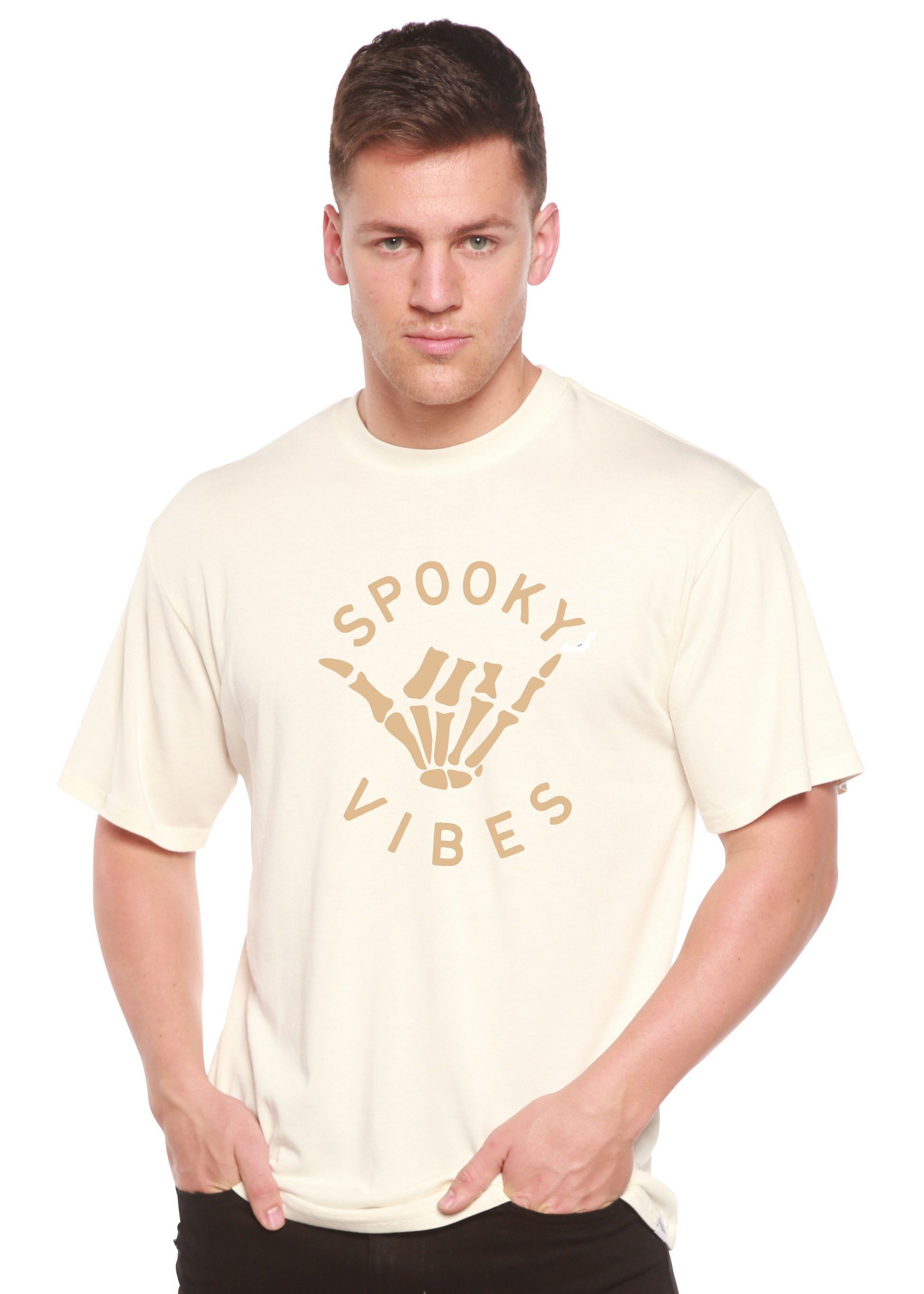 Spooky Vibes men's bamboo viscose/organic cotton tee beige with tan skeleton hand print by Spun Bamboo on Tampa Home & Garden Store