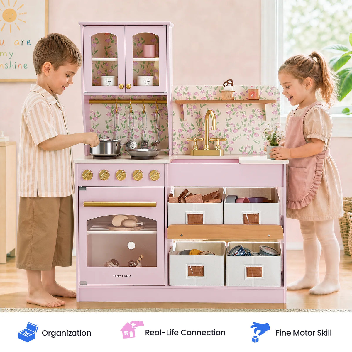 Tiny Land® wooden play kitchen with storage pastel pink, gold fixtures, floral pattern on Tampa Home & Garden Store