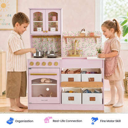 Tiny Land® wooden play kitchen with storage pastel pink, gold fixtures, floral pattern on Tampa Home & Garden Store