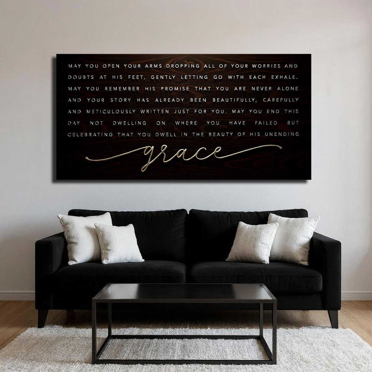 Unending Grace Faith Sign IV canvas by Tailored Canvases with dark wood backdrop and white text on Tampa Home & Garden Store