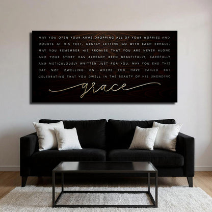 Unending Grace Faith Sign IV canvas by Tailored Canvases with dark wood backdrop and white text on Tampa Home & Garden Store