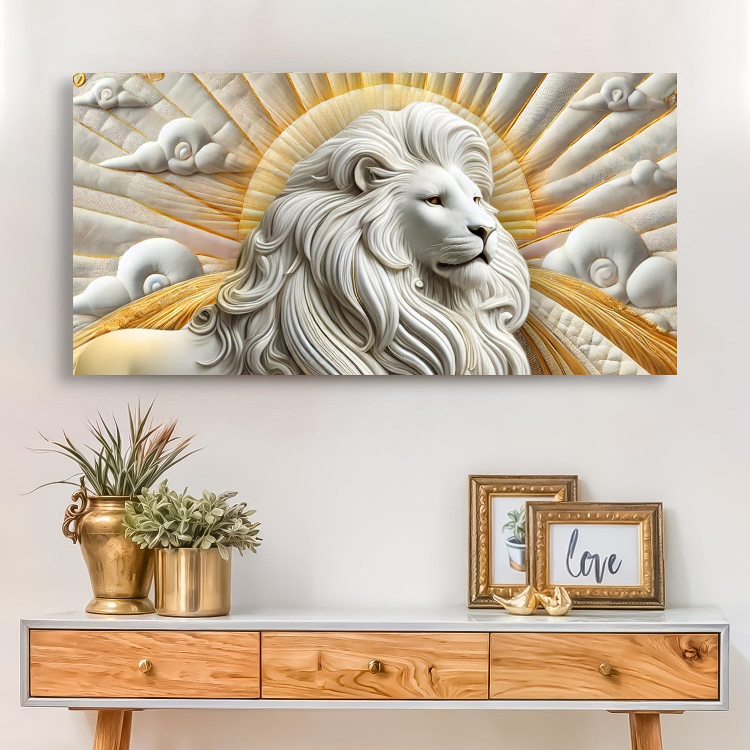 3D Majestic Lion Wall Art III canvas by Tailored Canvases white lion with gold sunburst rays on Tampa Home & Garden Store