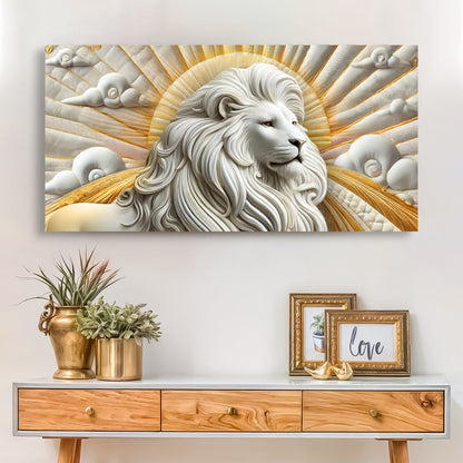 3D Majestic Lion Wall Art III canvas by Tailored Canvases white lion with gold sunburst rays on Tampa Home & Garden Store