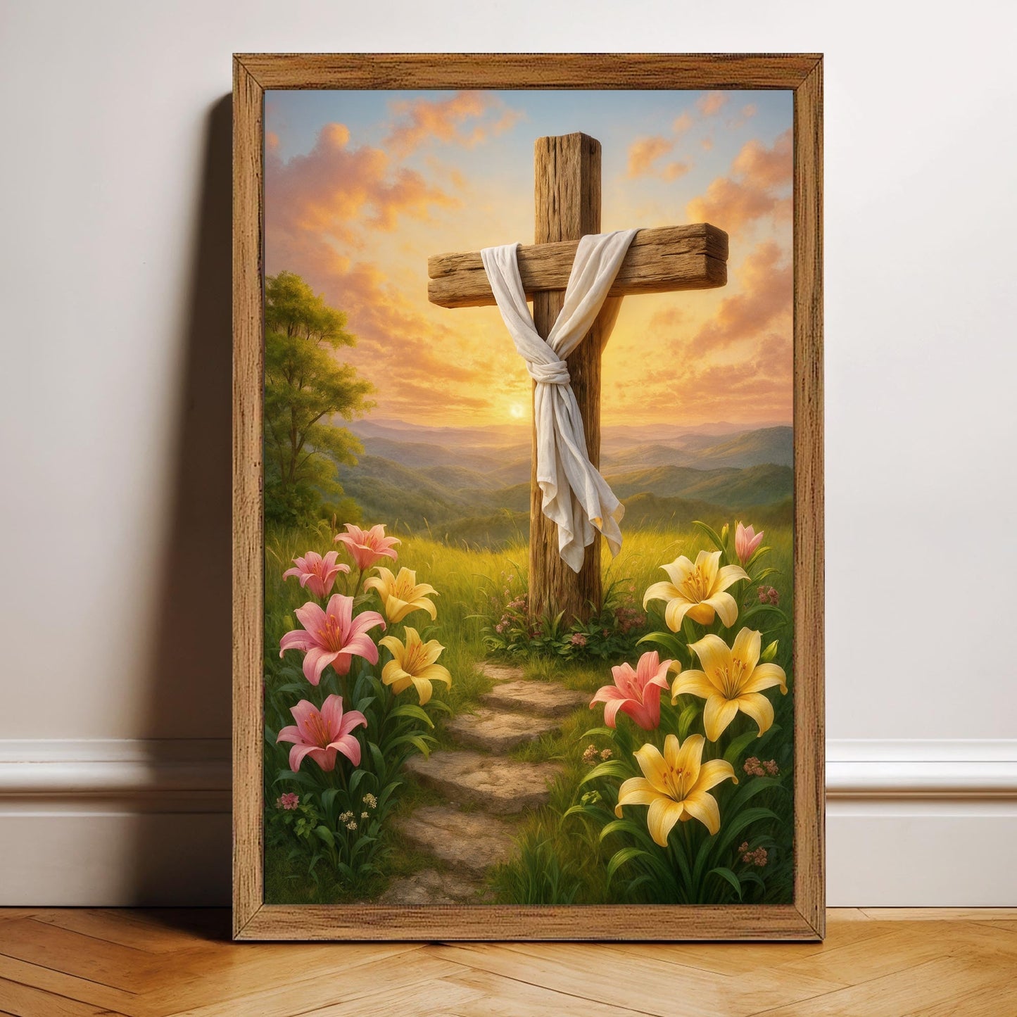 Cross and Flowers Faith Wall Art II canvas; wooden cross with draped cloth amid sunset lilies on Tampa Home & Garden Store