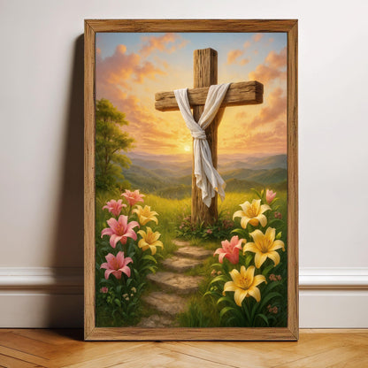 Cross and Flowers Faith Wall Art II canvas; wooden cross with draped cloth amid sunset lilies on Tampa Home & Garden Store
