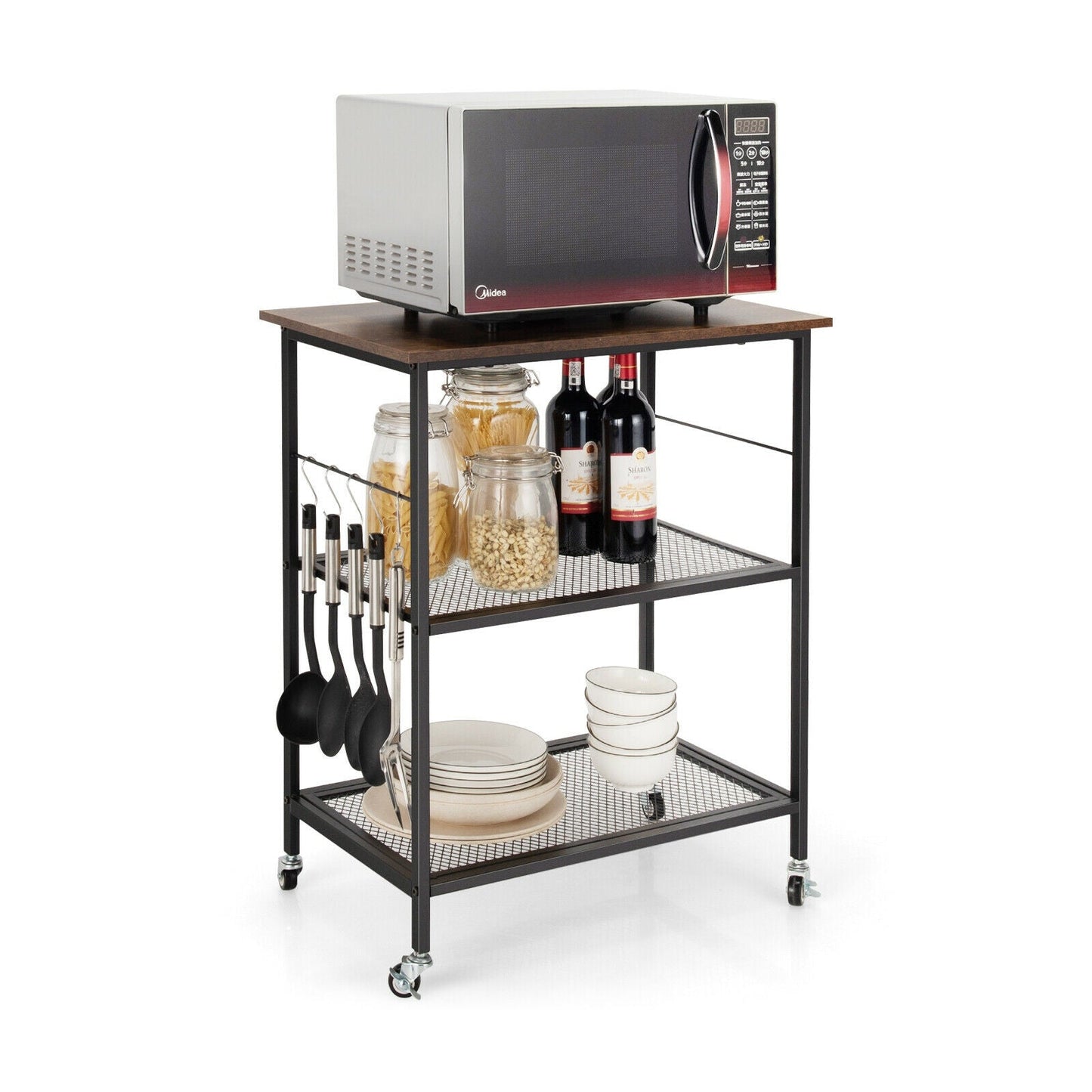Carrito de servicio de cocina de 3 niveles, estante utilitario para microondas con ganchos, marrón