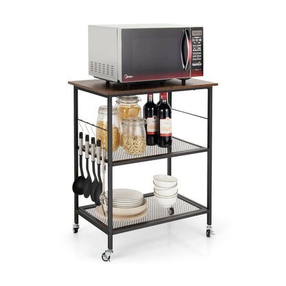 Carrito de servicio de cocina de 3 niveles, estante utilitario para microondas con ganchos, marrón