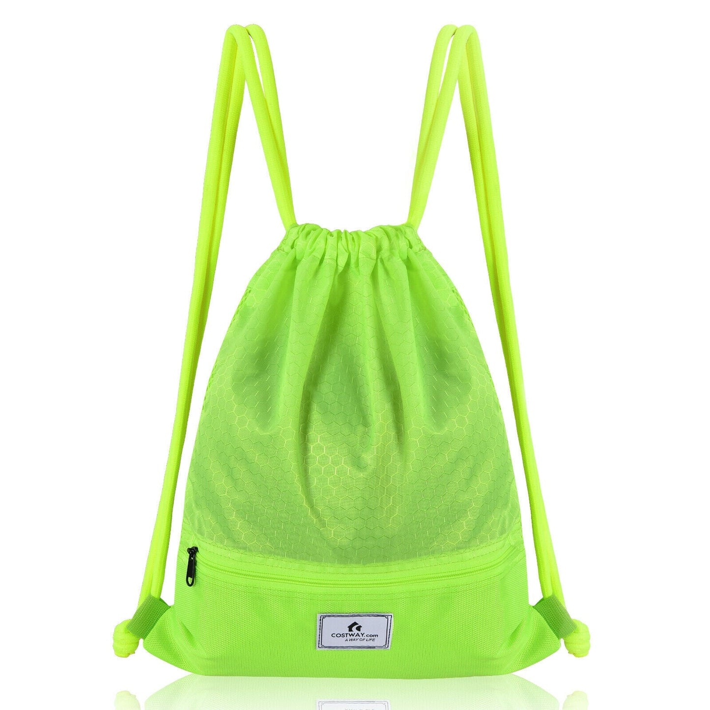 Drawstring backpack GemGear neon lime green with zip pocket and honeycomb texture on front on Tampa Home & Garden Store