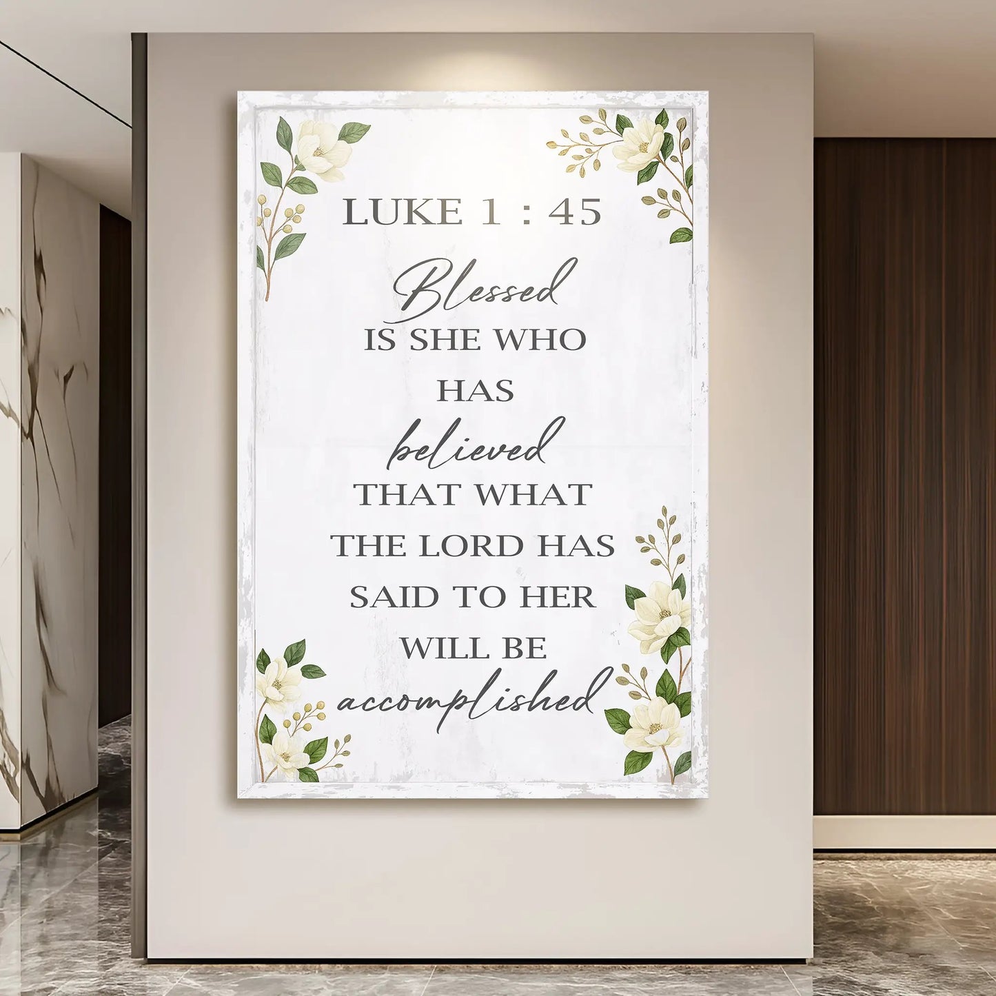 Blessed Is She Who Has Believed Luke 1:45 Faith Wall Art II canvas with floral border on Tampa Home & Garden Store