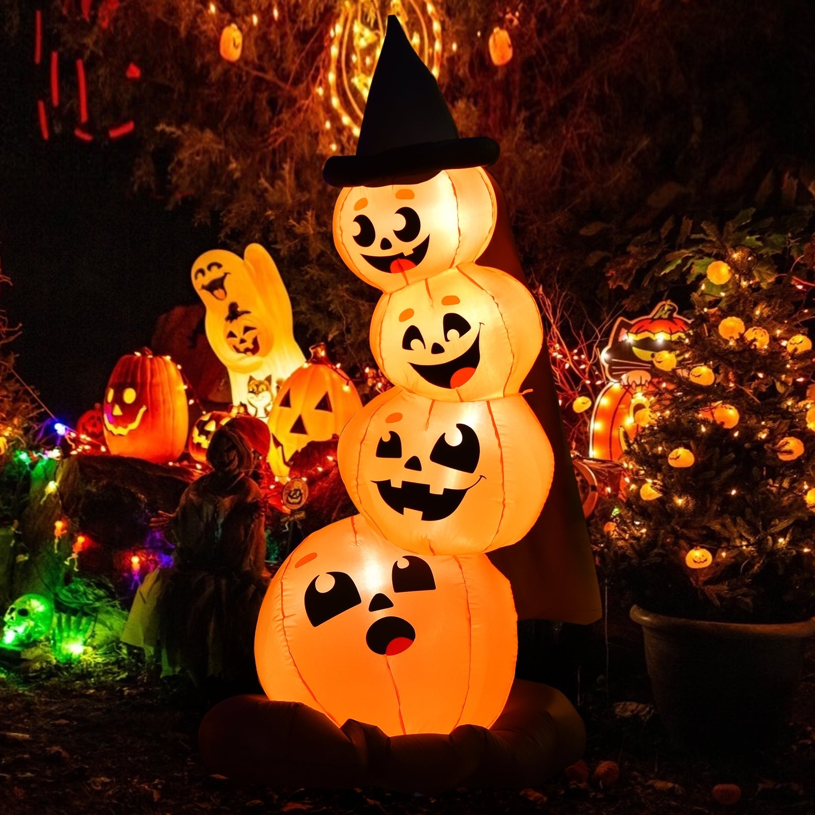 7 ft Halloween inflatable pumpkin stack with witch hat LED lights DirectDeals, decor on Tampa Home & Garden Store