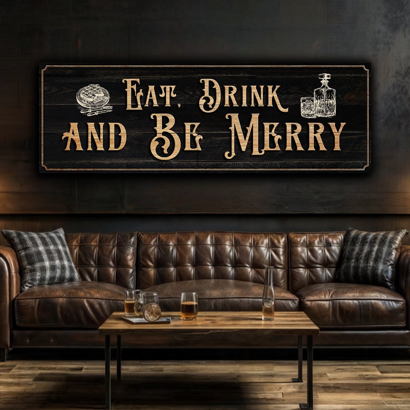 Eat, Drink And Be Merry canvas sign in dark wood with vintage lettering Tailored Canvases on Tampa Home & Garden Store