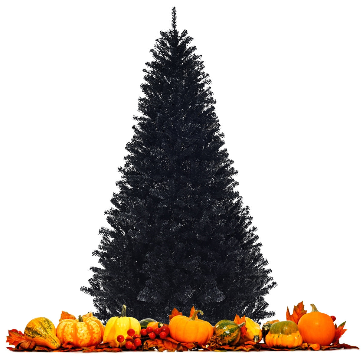 7.5 ft hinged artificial Christmas tree DirectDeals dark evergreen with pumpkin decor at base on Tampa Home & Garden Store