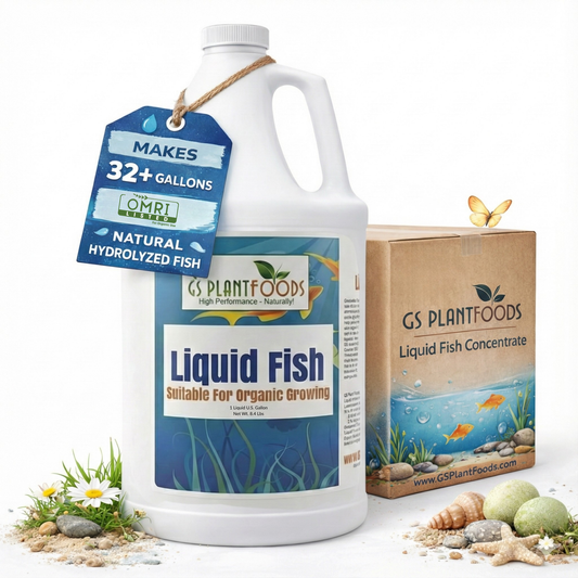 Organic Liquid Fish Fertilizer bottle by GS Plant Foods, 1 gal, hydrolyzed fish, 32+ gal tag on Tampa Home & Garden Store
