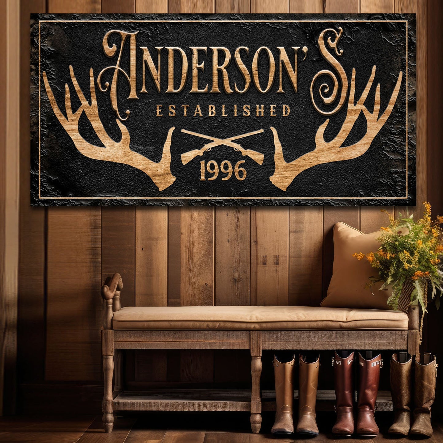 Personalized Family Antler Sign II canvas with black background and tan antler silhouette on Tampa Home & Garden Store