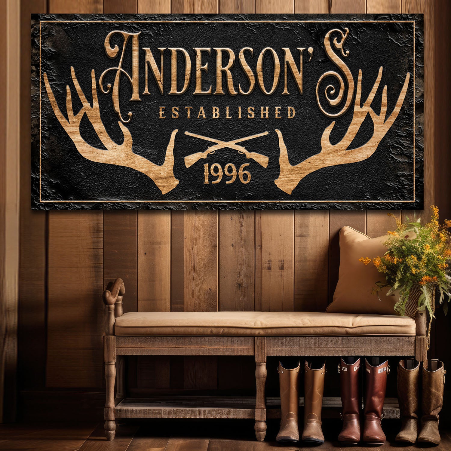 Personalized Family Antler Sign II canvas with black background and tan antler silhouette on Tampa Home & Garden Store