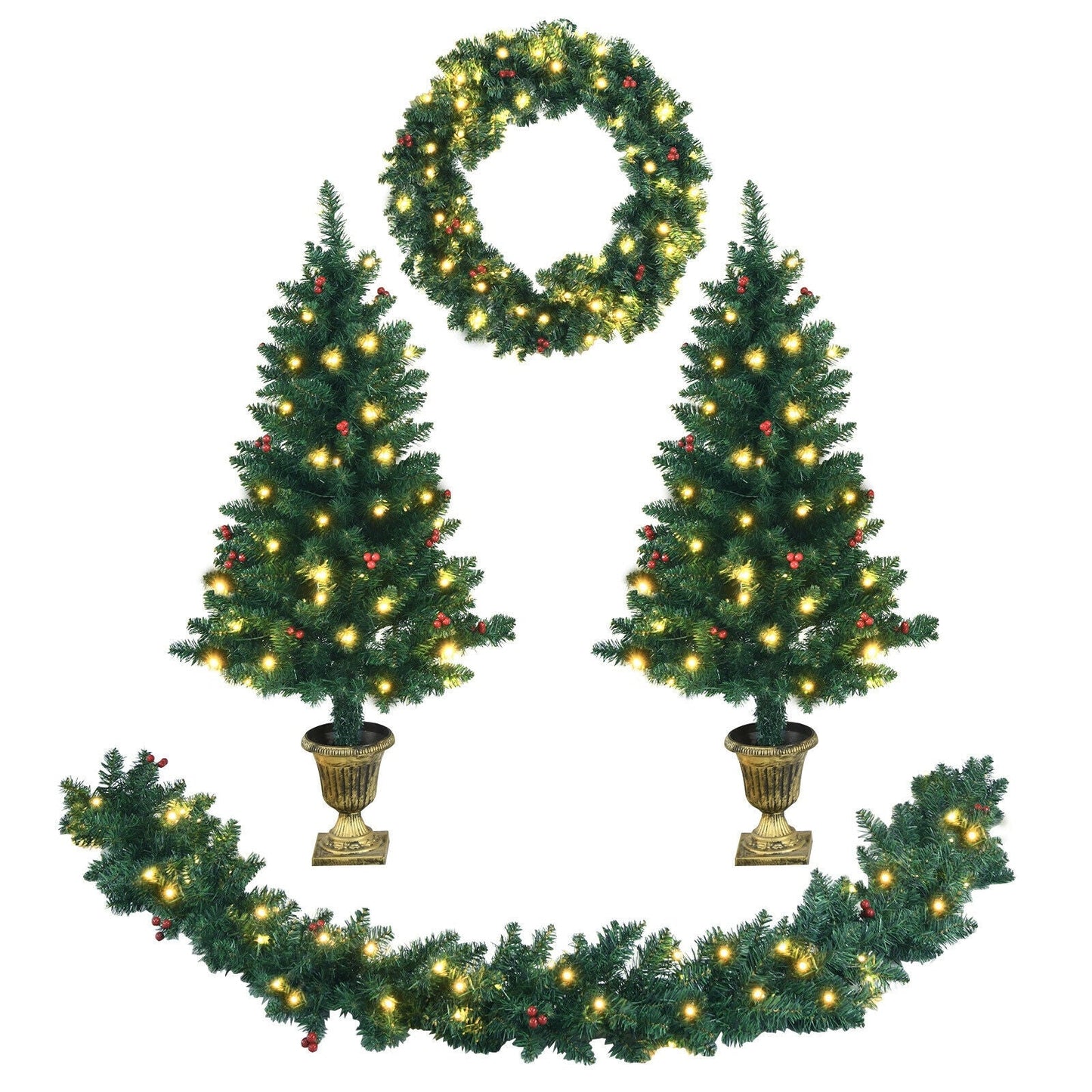 4-piece Christmas decoration set with two lit evergreen trees, wreath, and garland on Tampa Home & Garden Store