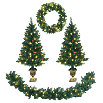 4-piece Christmas decoration set with two lit evergreen trees, wreath, and garland on Tampa Home & Garden Store