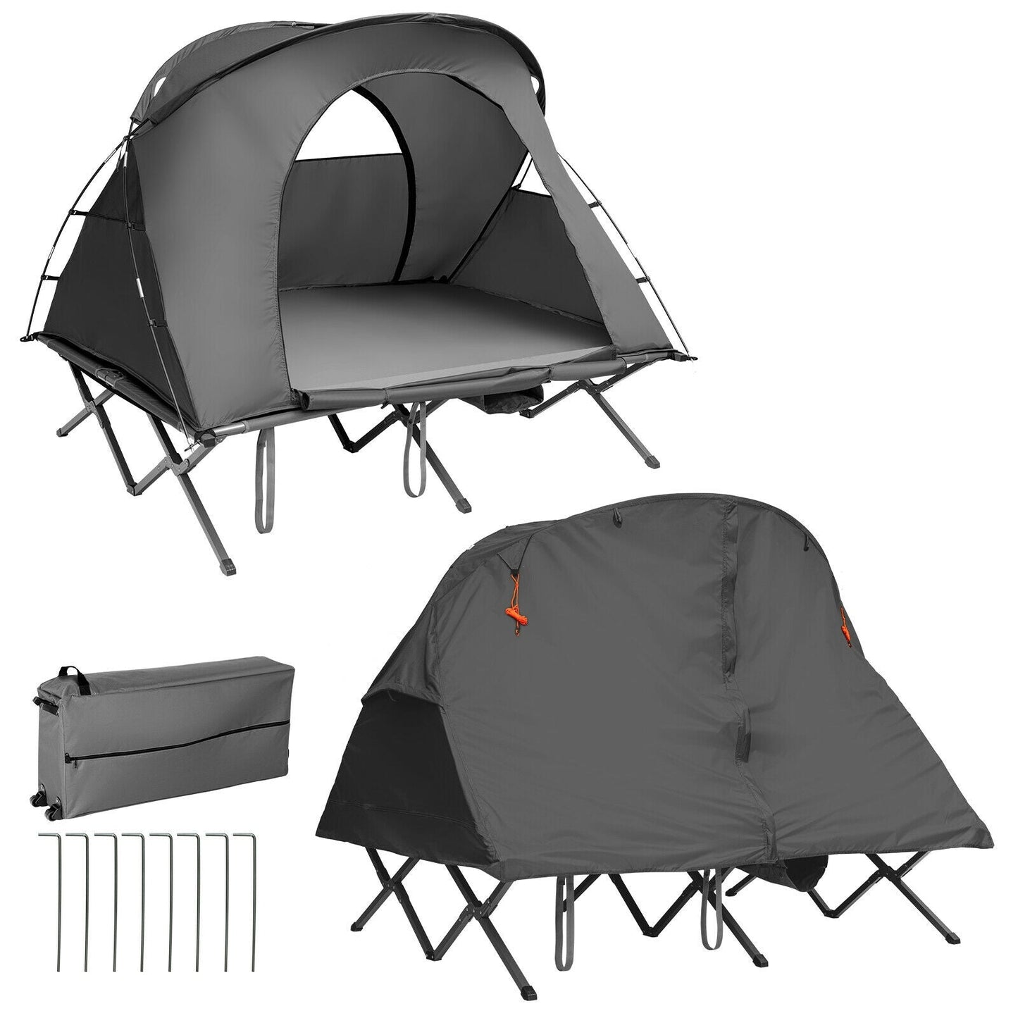 GemGear 2-Person Camping Tent with External Cover in gray with poles, stakes and carry bag on Tampa Home & Garden Store