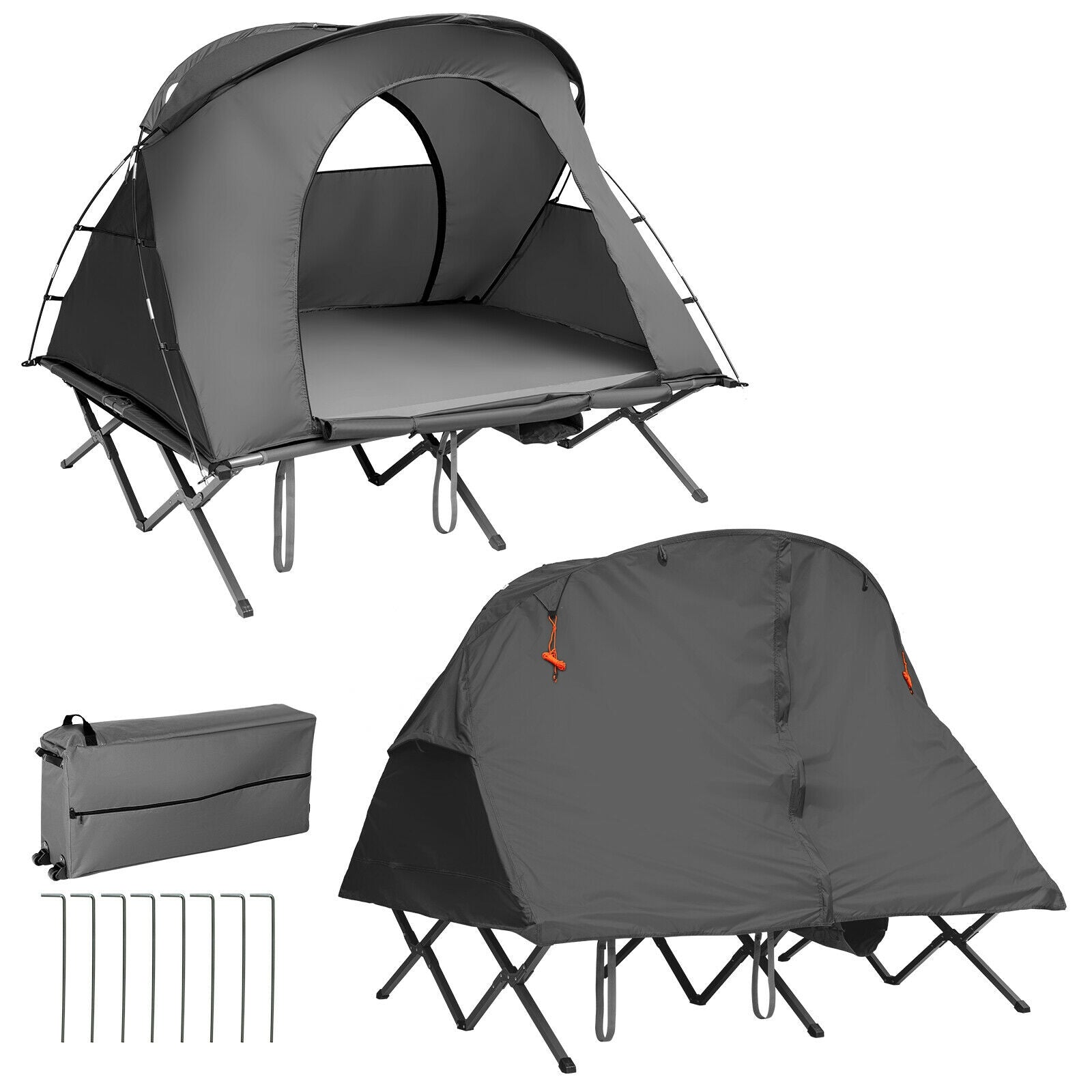 GemGear 2-Person Camping Tent with External Cover in gray with poles, stakes and carry bag on Tampa Home & Garden Store