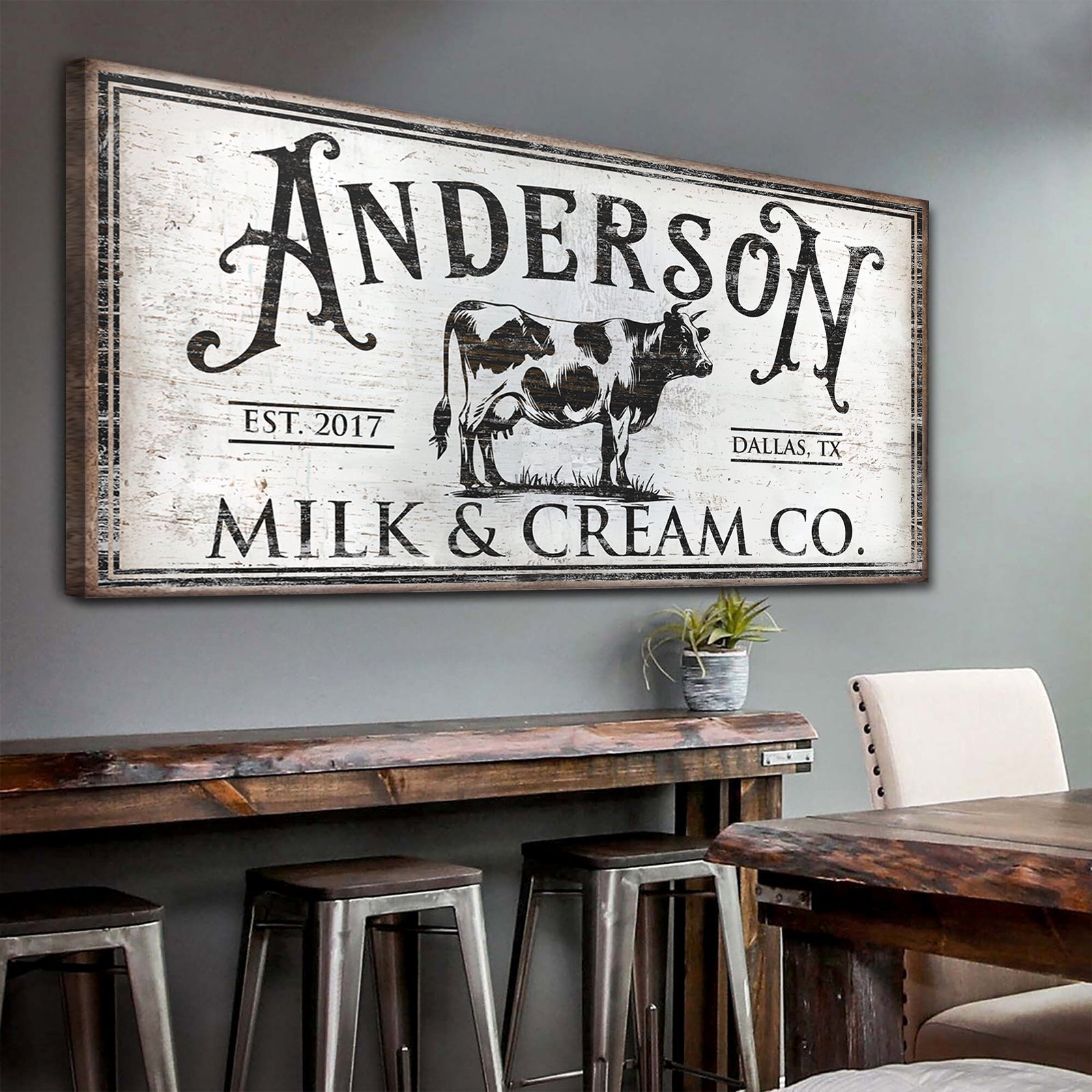 Personalized Milk & Cream Co canvas sign by Tailored Canvases featuring cow illustration on Tampa Home & Garden Store